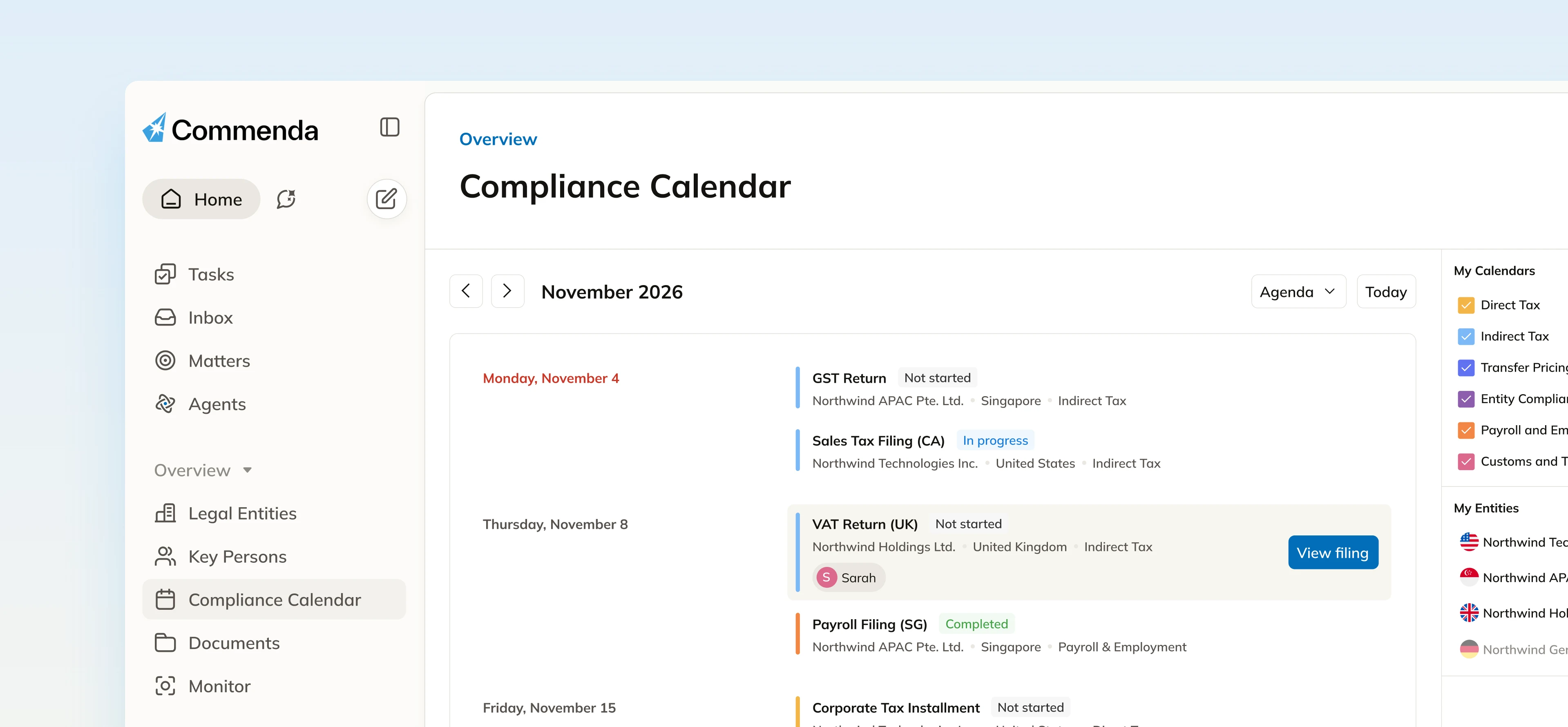 Commenda compliance calendar listing upcoming GST, VAT, payroll and corporate tax filings by date