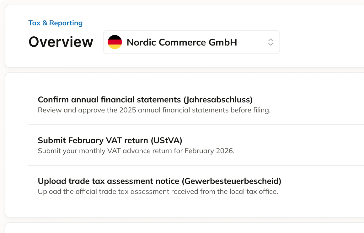 Commenda tax and reporting overview for a German entity listing upcoming filings
