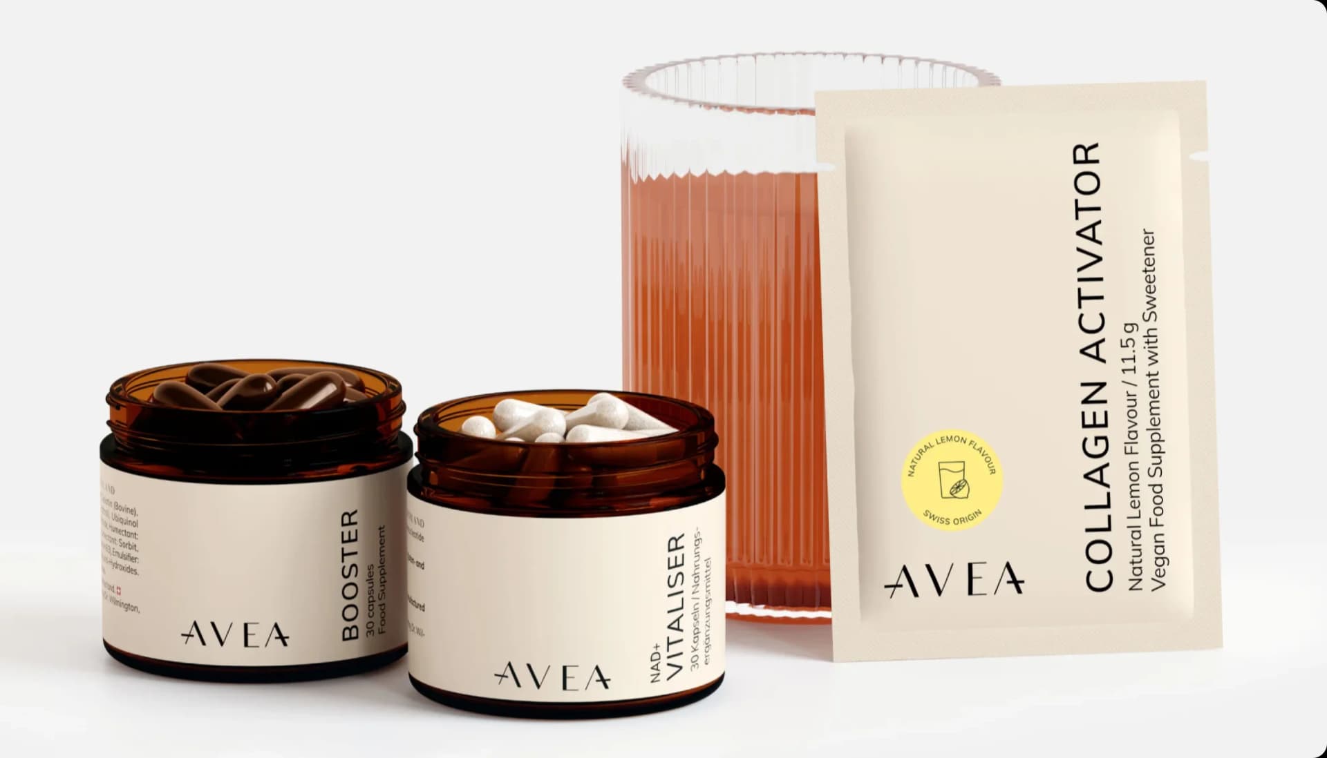Avea Life supplement products including booster, vitaliser, and collagen activator