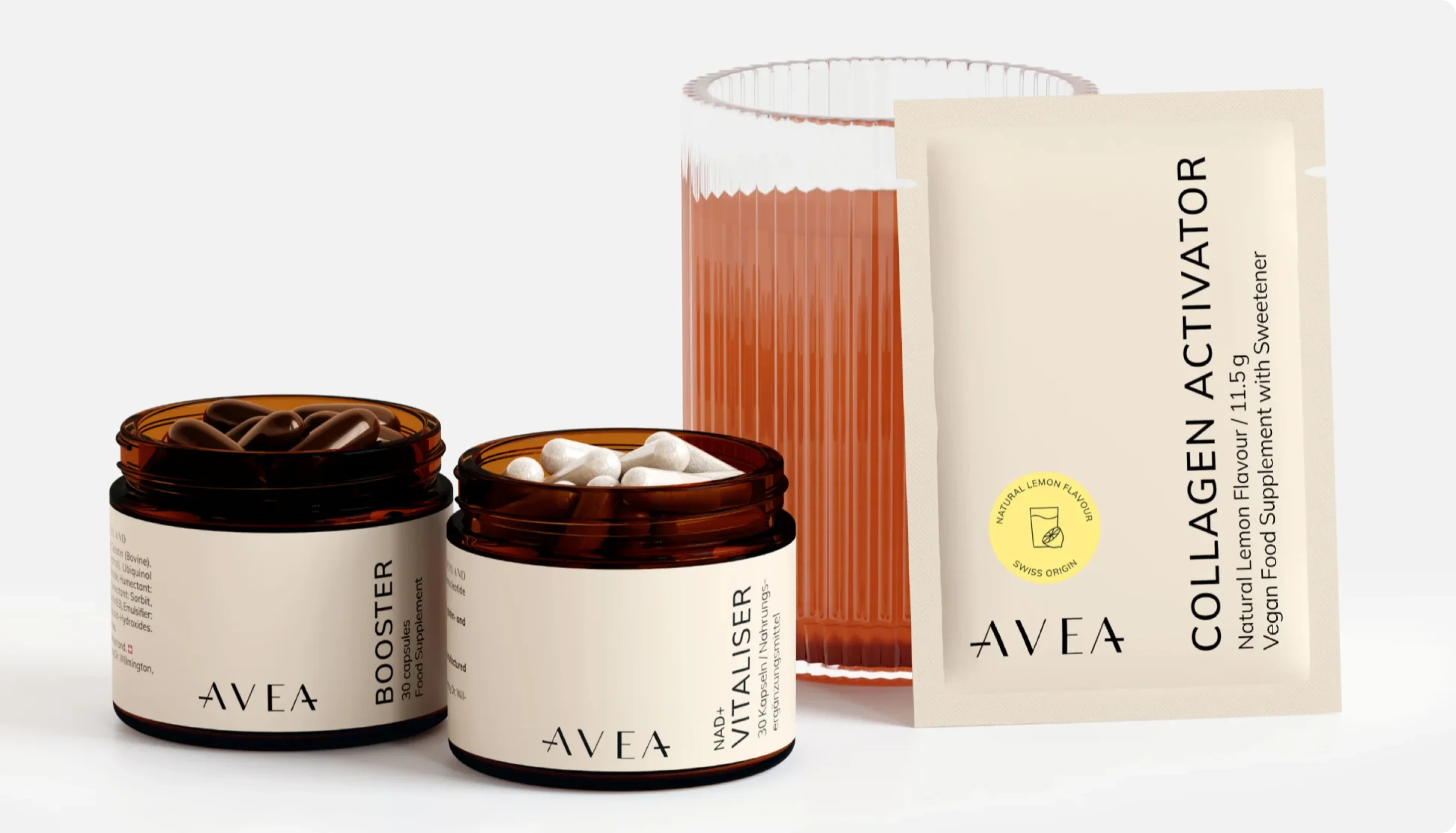 Avea Life supplement products including booster, vitaliser, and collagen activator
