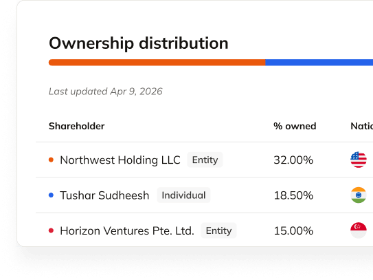 Entity ownership distribution chart with Northwest Holding LLC, Tushar Sudheesh, and Horizon Ventures