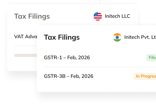 Tax filings list with VAT and GST rows, status pills, and progress bar