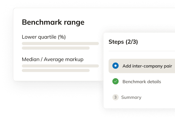 Transfer pricing benchmark range with quartile bars and Steps progress panel