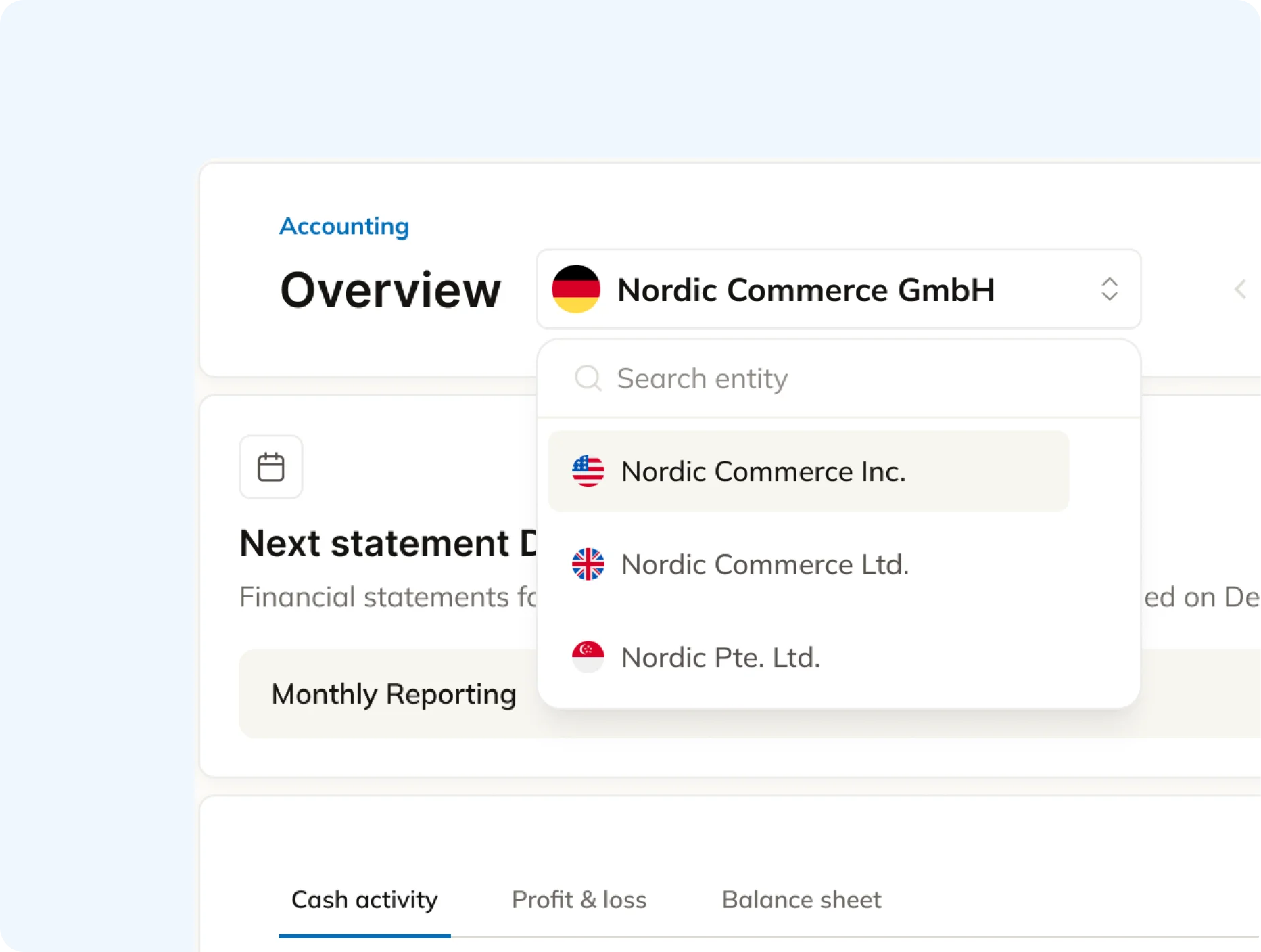 Commenda financial reporting interface showing subsidiary accounting with tax and transfer pricing integrations