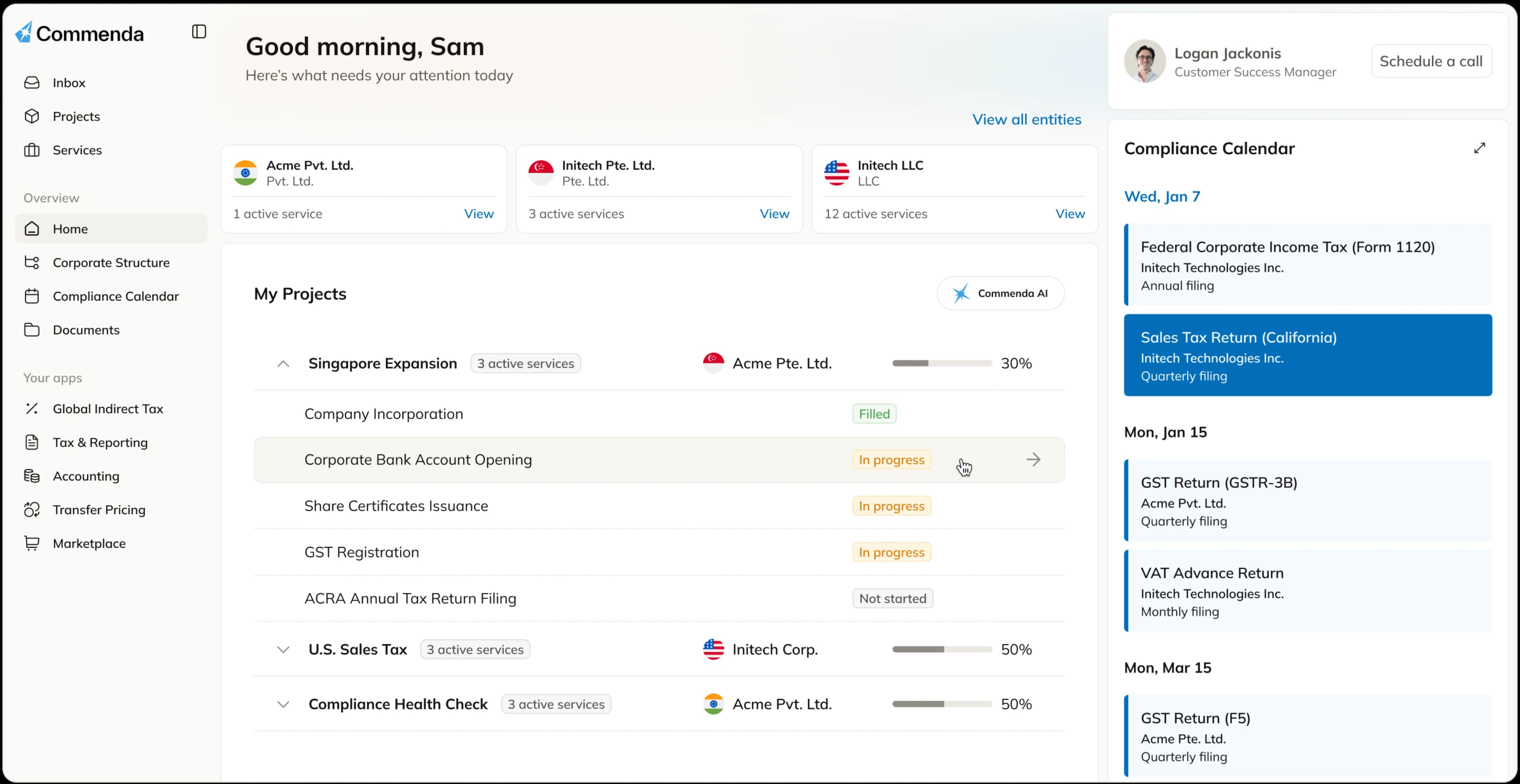 Commenda platform dashboard showing entity projects, compliance calendar, and active services