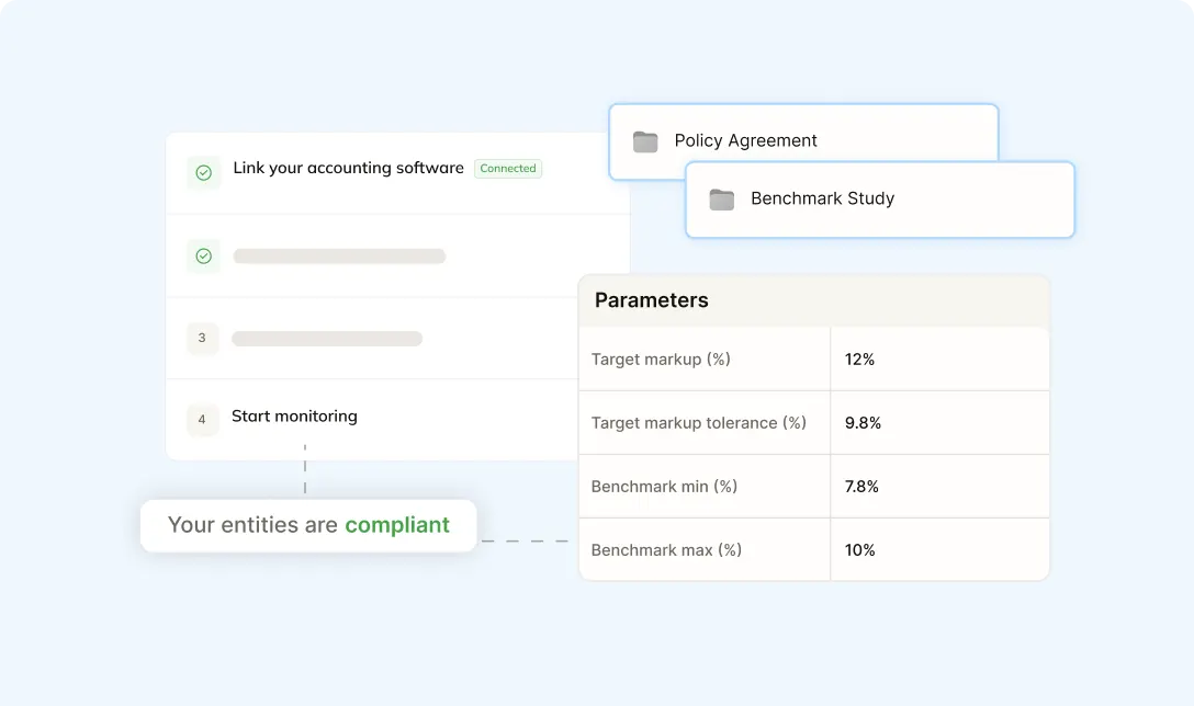 Commenda transfer pricing suite showing compliance monitoring and benchmark parameters