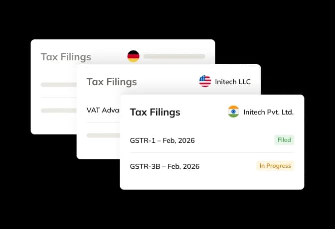 Commenda tax filings UI showing VAT and GST returns across jurisdictions